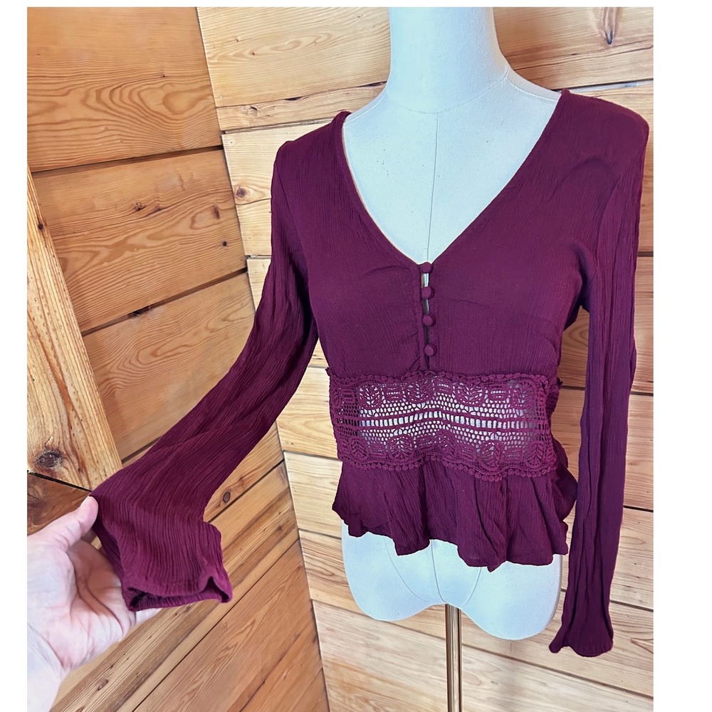 Vintage Boho Long Sleeve Blouse Small Burgundy Crochet Lace Boho Dark Romantic